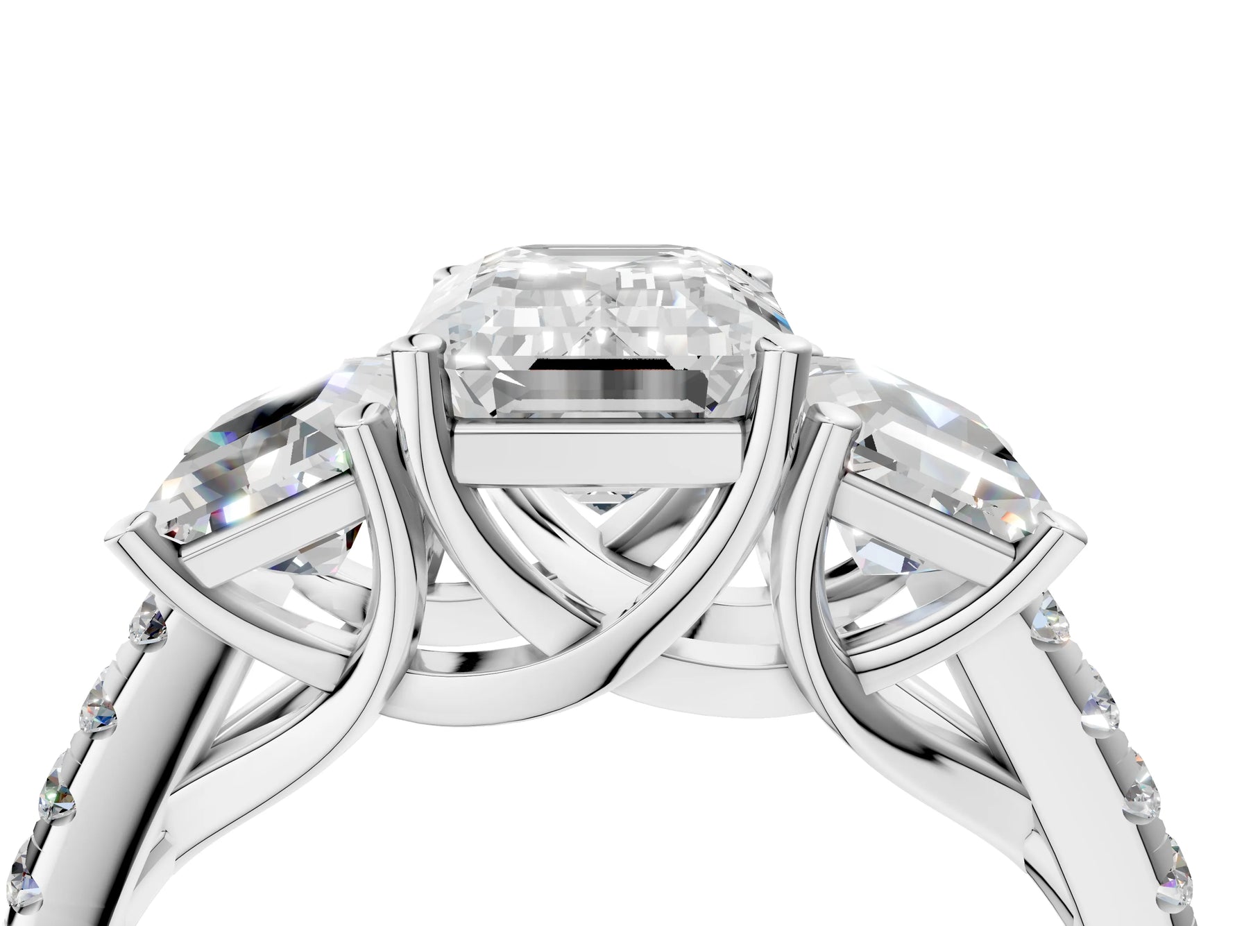 Emerald Cut Diamond Trellis Three-Stone Engagement Ring in White gold with Round Side Stones_34