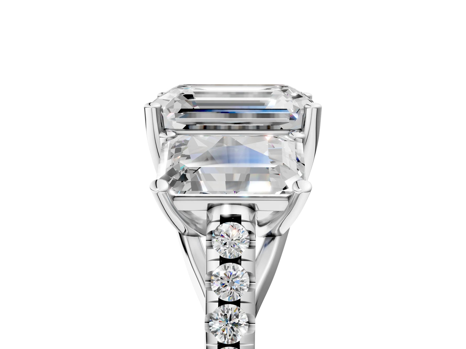 Emerald Cut Diamond Trellis Three-Stone Engagement Ring in White gold with Round Side Stones_35