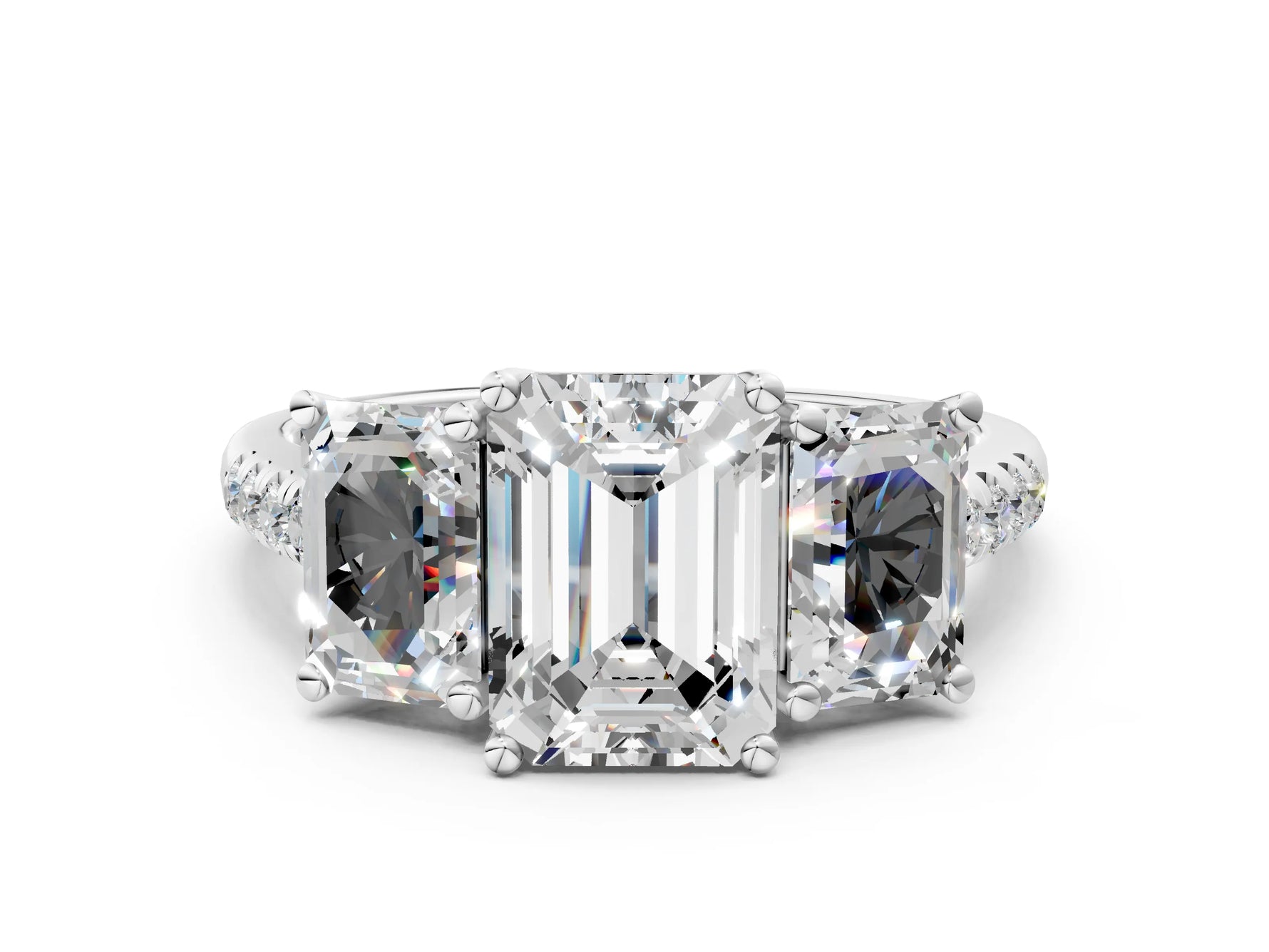 Emerald Cut Diamond Trellis Three-Stone Engagement Ring in White gold with Round Side Stones_36