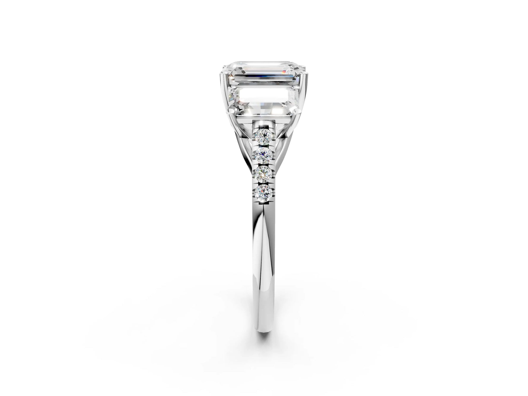 Emerald Cut Diamond Trellis Three-Stone Engagement Ring in White gold with Round Side Stones_38