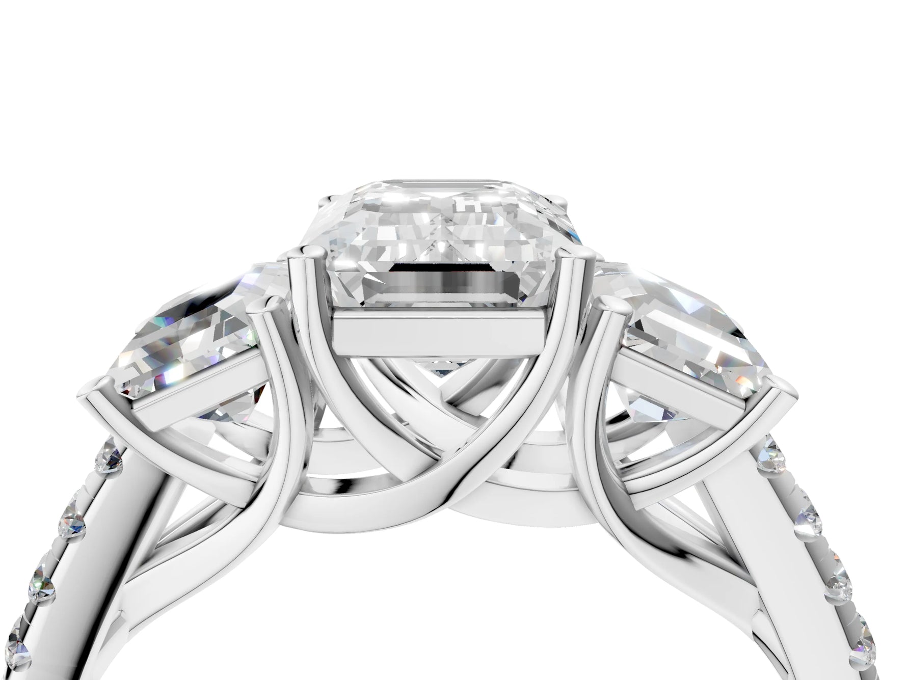 Emerald Cut Diamond Trellis Three-Stone Engagement Ring in White gold with Round Side Stones_40