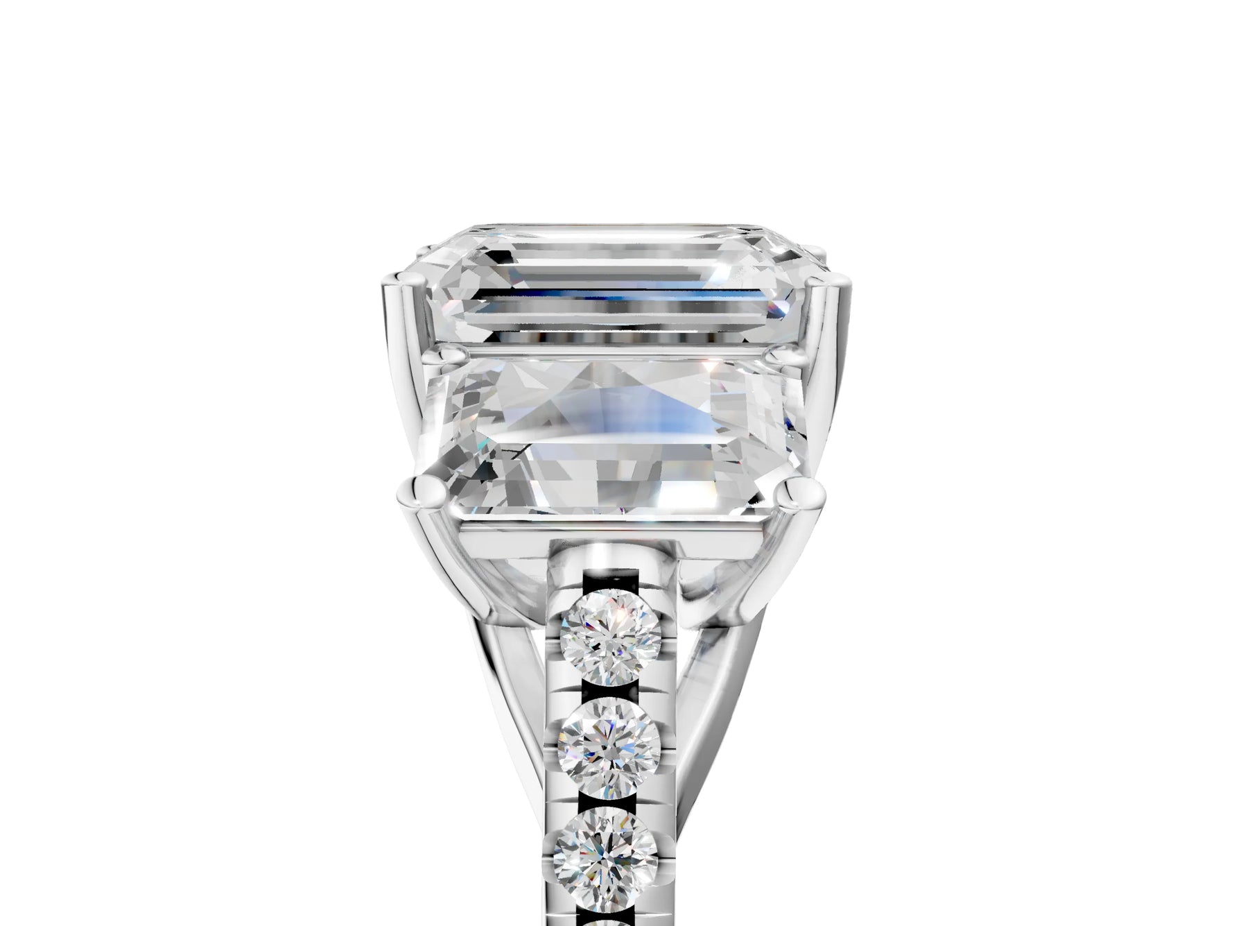 Emerald Cut Diamond Trellis Three-Stone Engagement Ring in White gold with Round Side Stones_41