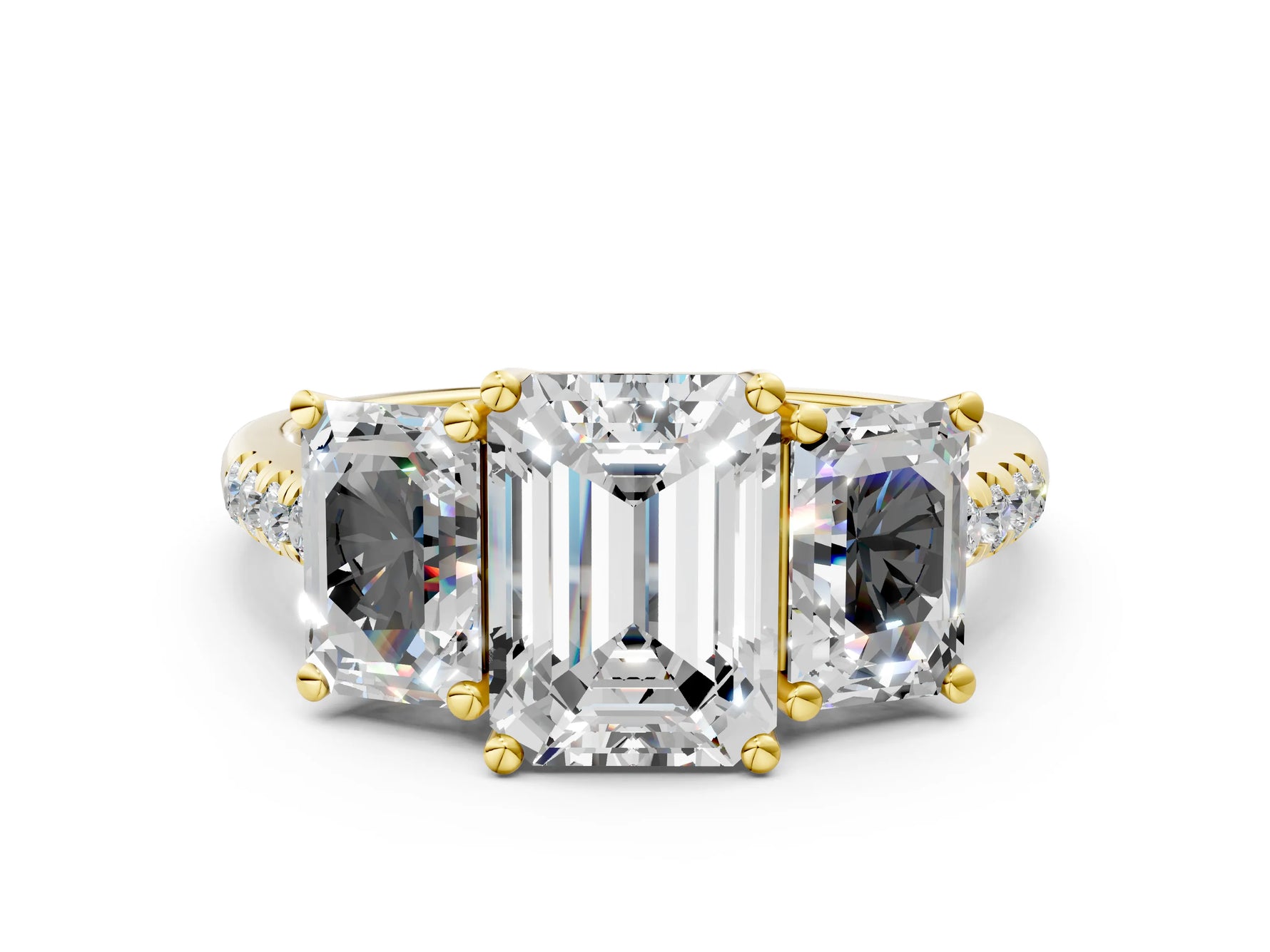 Emerald Cut Diamond Trellis Three-Stone Engagement Ring in Yellow gold with Round Side Stones_30