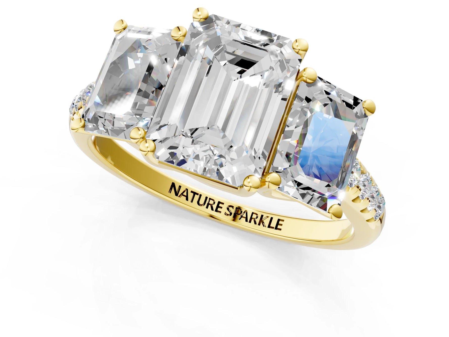 Emerald Cut Diamond Trellis Three-Stone Engagement Ring in Yellow gold with Round Side Stones_31