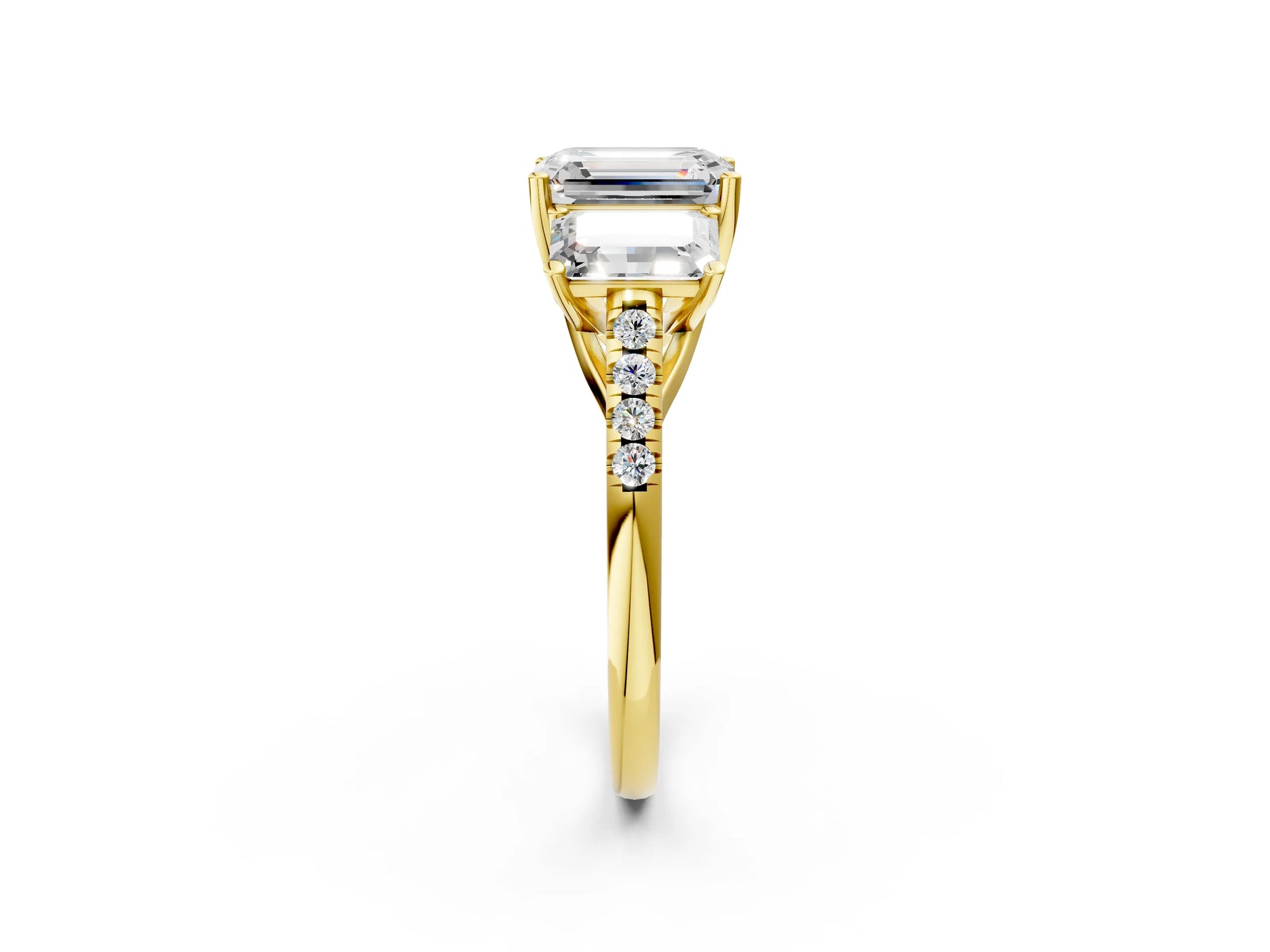 Emerald Cut Diamond Trellis Three-Stone Engagement Ring in Yellow gold with Round Side Stones_32