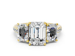 Emerald Cut Diamond Trellis Three-Stone Engagement Ring in Yellow gold with Round Side Stones_36