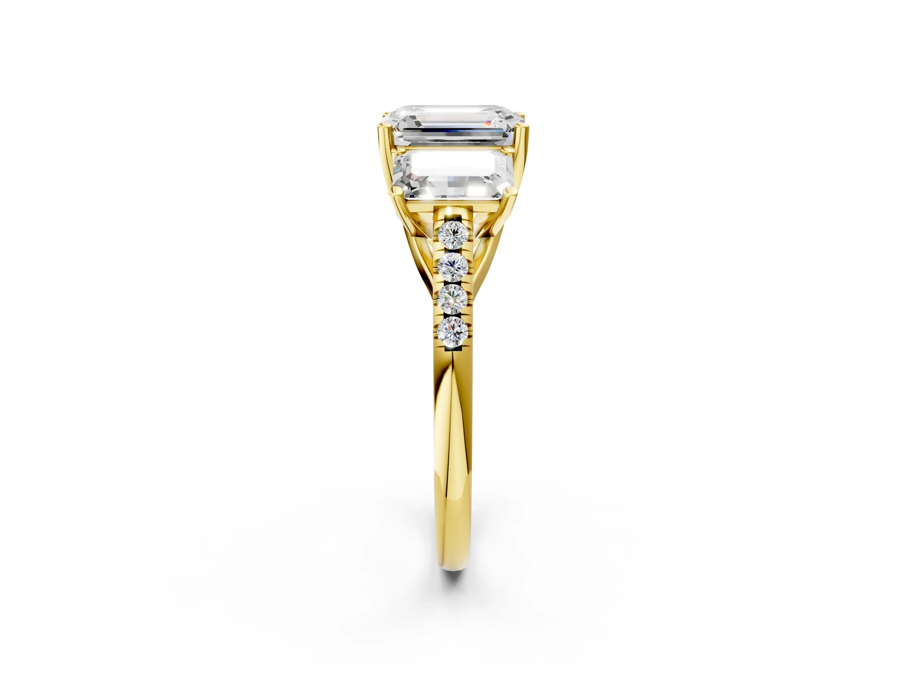 Emerald Cut Diamond Trellis Three-Stone Engagement Ring in Yellow gold with Round Side Stones_38