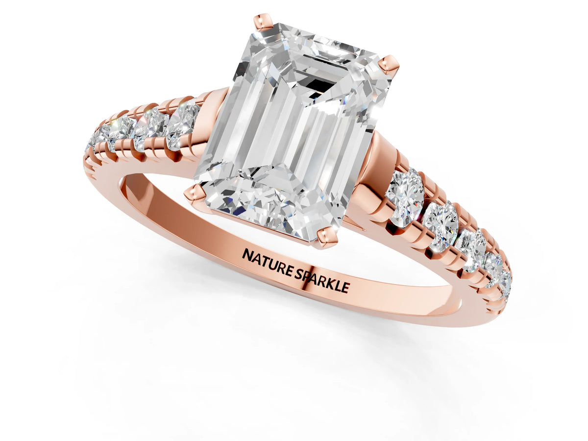 Emerald Cut Diamond Vintage Scroll Solitaire Ring in Rose gold with Graduated Round Side Stones_25