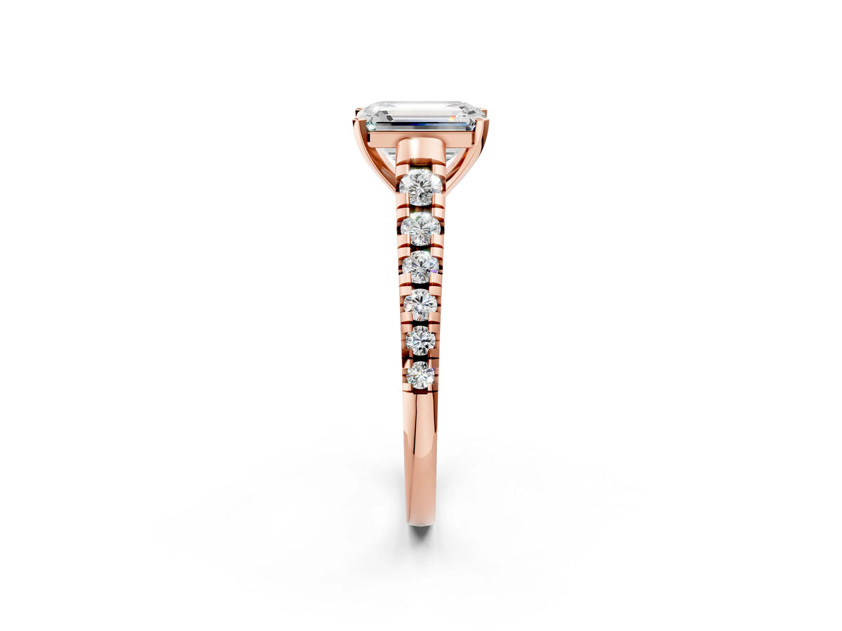 Emerald Cut Diamond Vintage Scroll Solitaire Ring in Rose gold with Graduated Round Side Stones_26