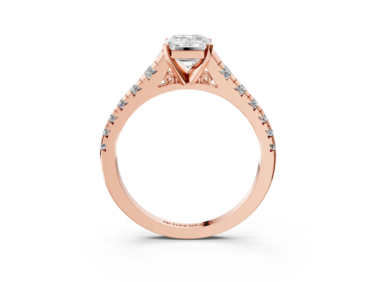 Emerald Cut Diamond Vintage Scroll Solitaire Ring in Rose gold with Graduated Round Side Stones_27