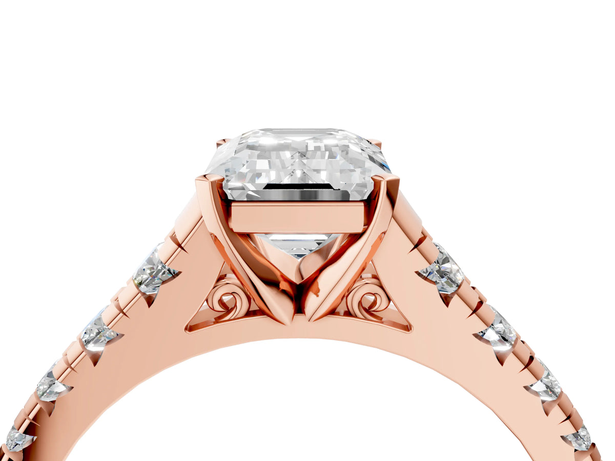 Emerald Cut Diamond Vintage Scroll Solitaire Ring in Rose gold with Graduated Round Side Stones_28