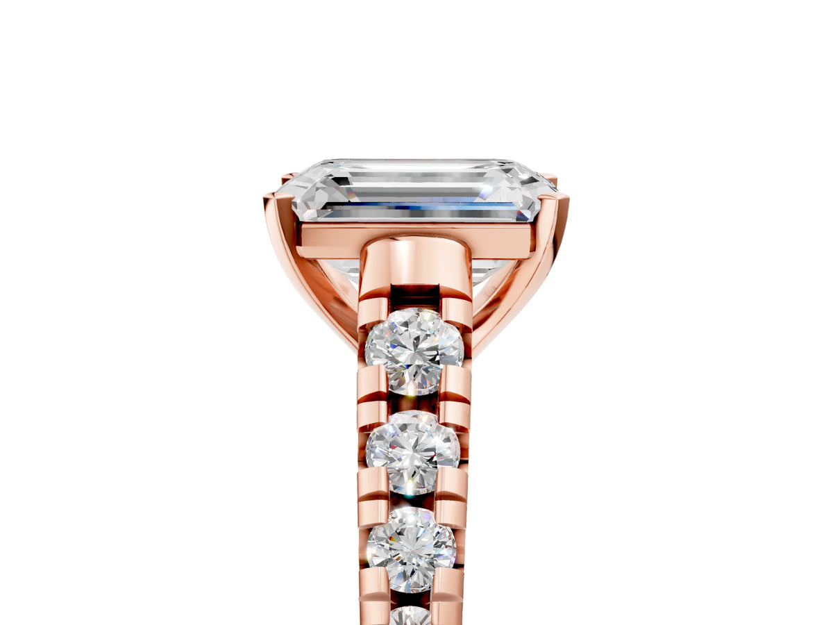 Emerald Cut Diamond Vintage Scroll Solitaire Ring in Rose gold with Graduated Round Side Stones_29