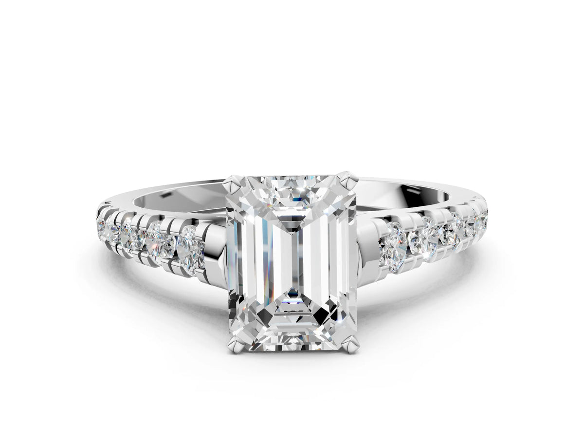 Emerald Cut Diamond Vintage Scroll Solitaire Ring in White gold with Graduated Round Side Stones_18