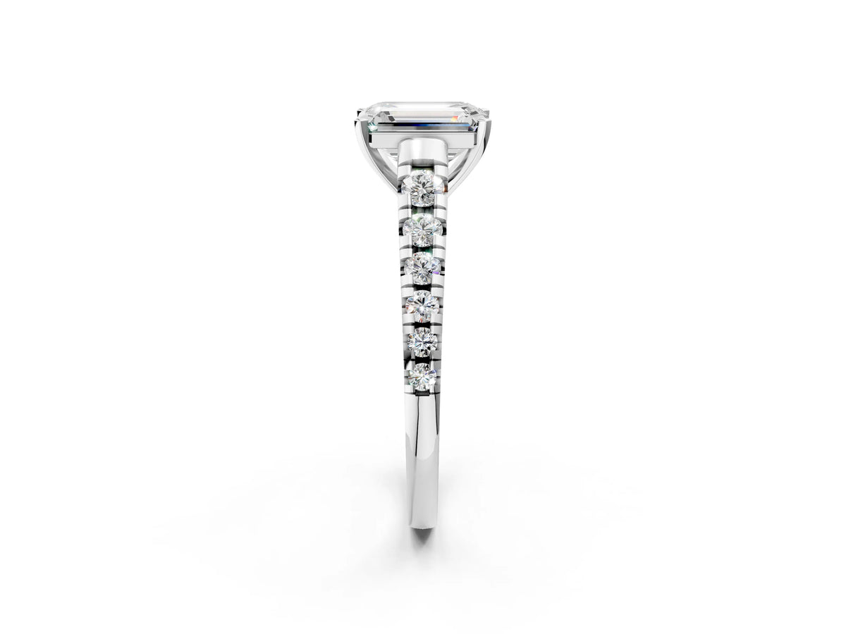 Emerald Cut Diamond Vintage Scroll Solitaire Ring in White gold with Graduated Round Side Stones_20