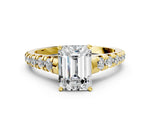 Emerald Cut Diamond Vintage Scroll Solitaire Ring in Yellow gold with Graduated Round Side Stones_24