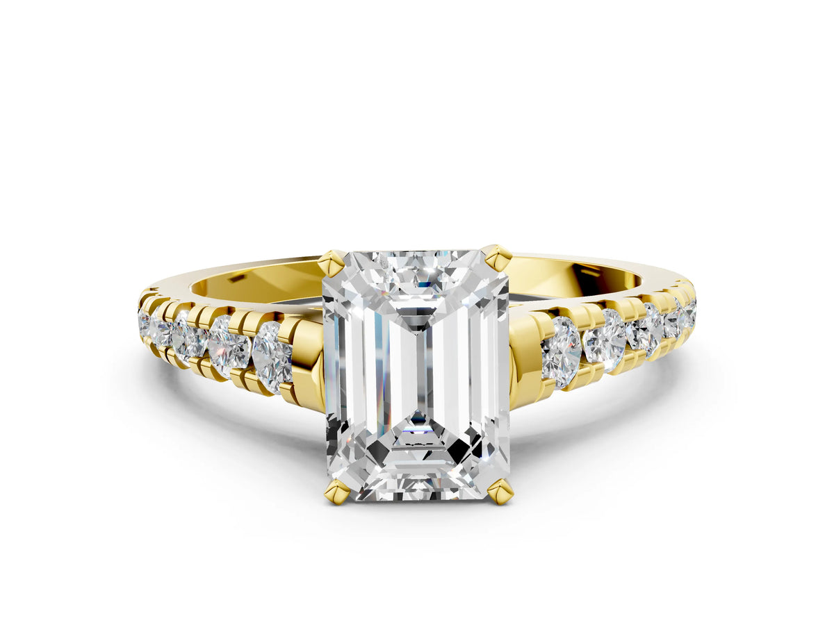 Emerald Cut Diamond Vintage Scroll Solitaire Ring in Yellow gold with Graduated Round Side Stones_24
