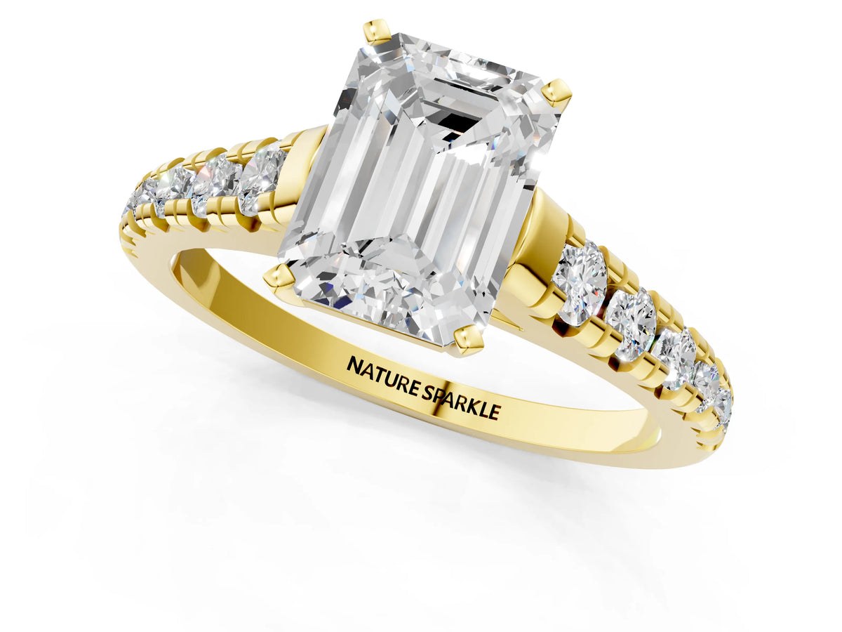 Emerald Cut Diamond Vintage Scroll Solitaire Ring in Yellow gold with Graduated Round Side Stones_25