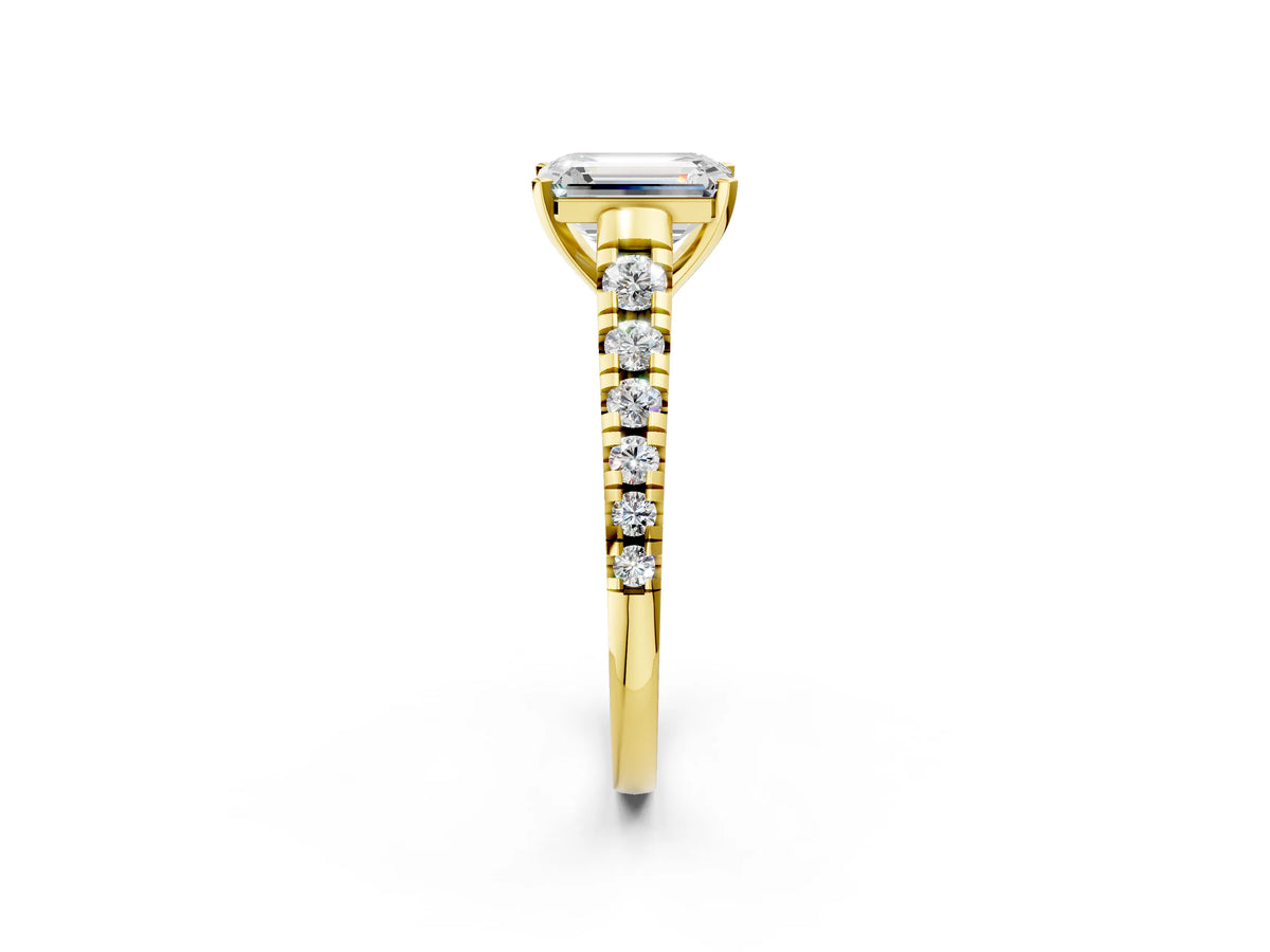 Emerald Cut Diamond Vintage Scroll Solitaire Ring in Yellow gold with Graduated Round Side Stones_26