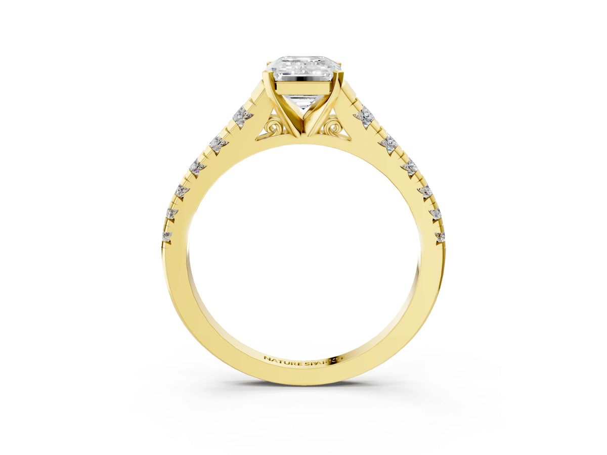 Emerald Cut Diamond Vintage Scroll Solitaire Ring in Yellow gold with Graduated Round Side Stones_27