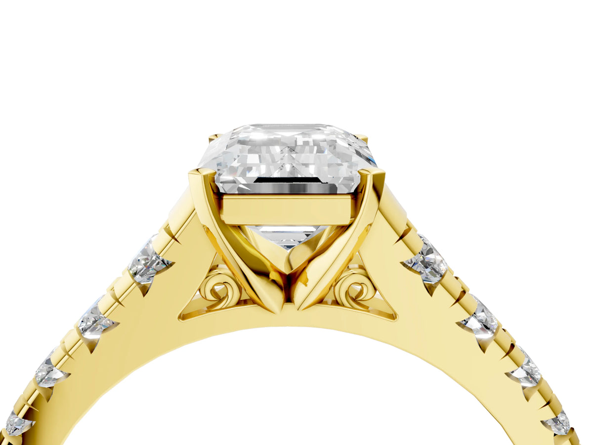 Emerald Cut Diamond Vintage Scroll Solitaire Ring in Yellow gold with Graduated Round Side Stones_28