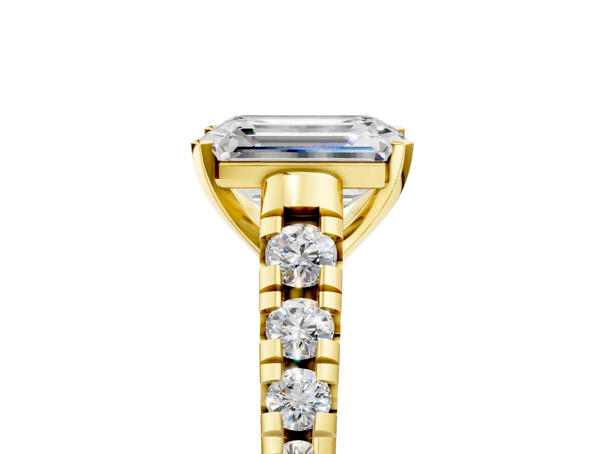 Emerald Cut Diamond Vintage Scroll Solitaire Ring in Yellow gold with Graduated Round Side Stones_29