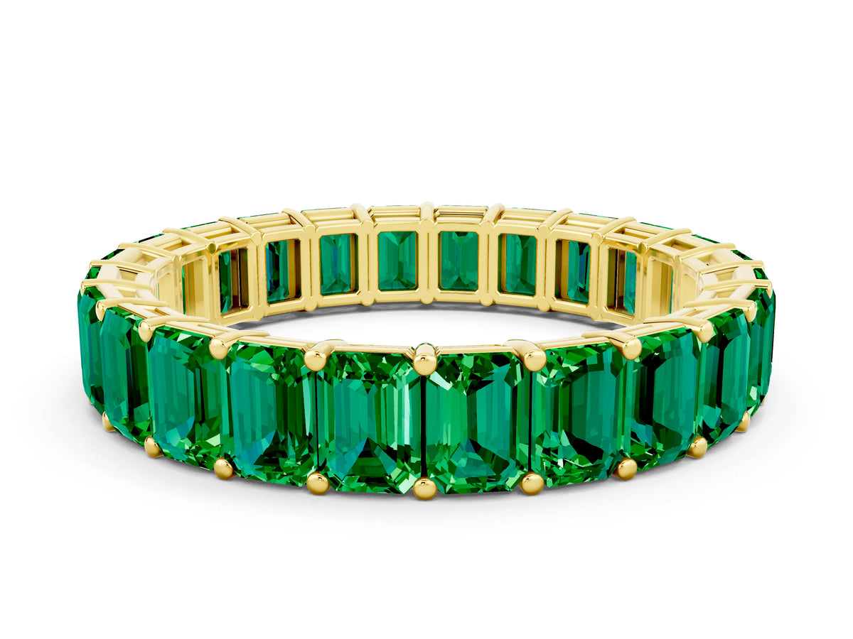 Emerald Cut Emerald Eternity Band in Yellow gold with Aligned Shared Prong Setting
