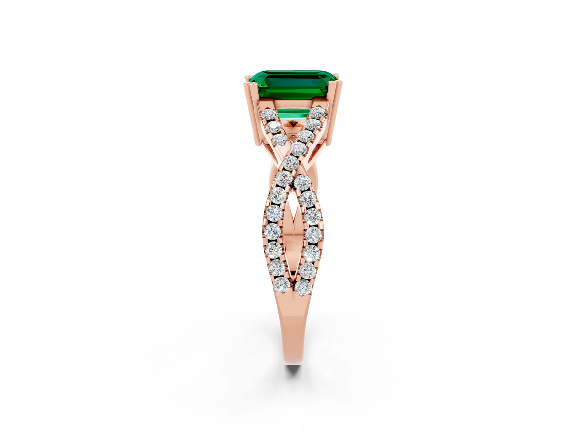 Emerald Cut Emerald Solitaire Ring in Rose gold with Interwoven Pavé Band and Prong Setting_2