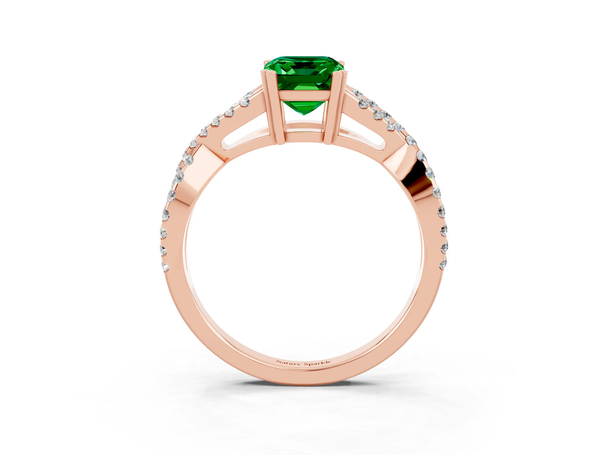 Emerald Cut Emerald Solitaire Ring in Rose gold with Interwoven Pavé Band and Prong Setting_3