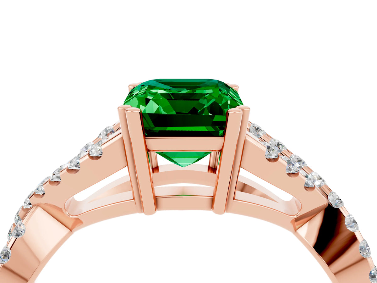 Emerald Cut Emerald Solitaire Ring in Rose gold with Interwoven Pavé Band and Prong Setting_4