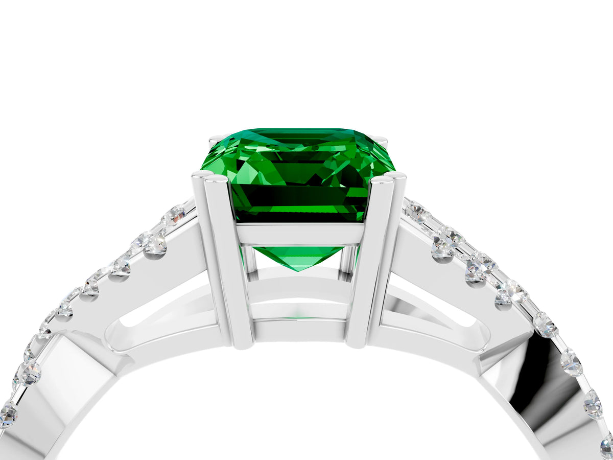 Emerald Cut Emerald Solitaire Ring in Silver with Interwoven Pavé Band and Prong Setting_10