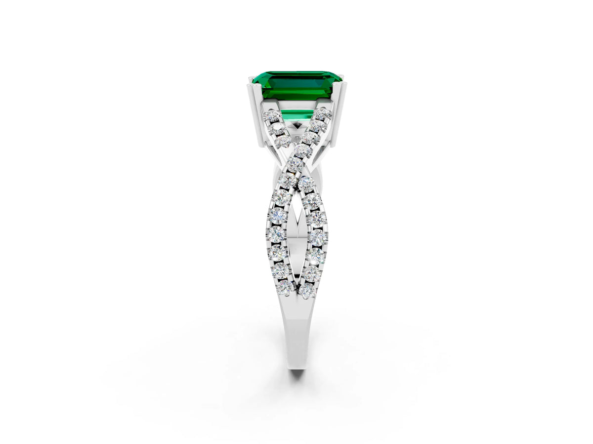 Emerald Cut Emerald Solitaire Ring in Silver with Interwoven Pavé Band and Prong Setting_8