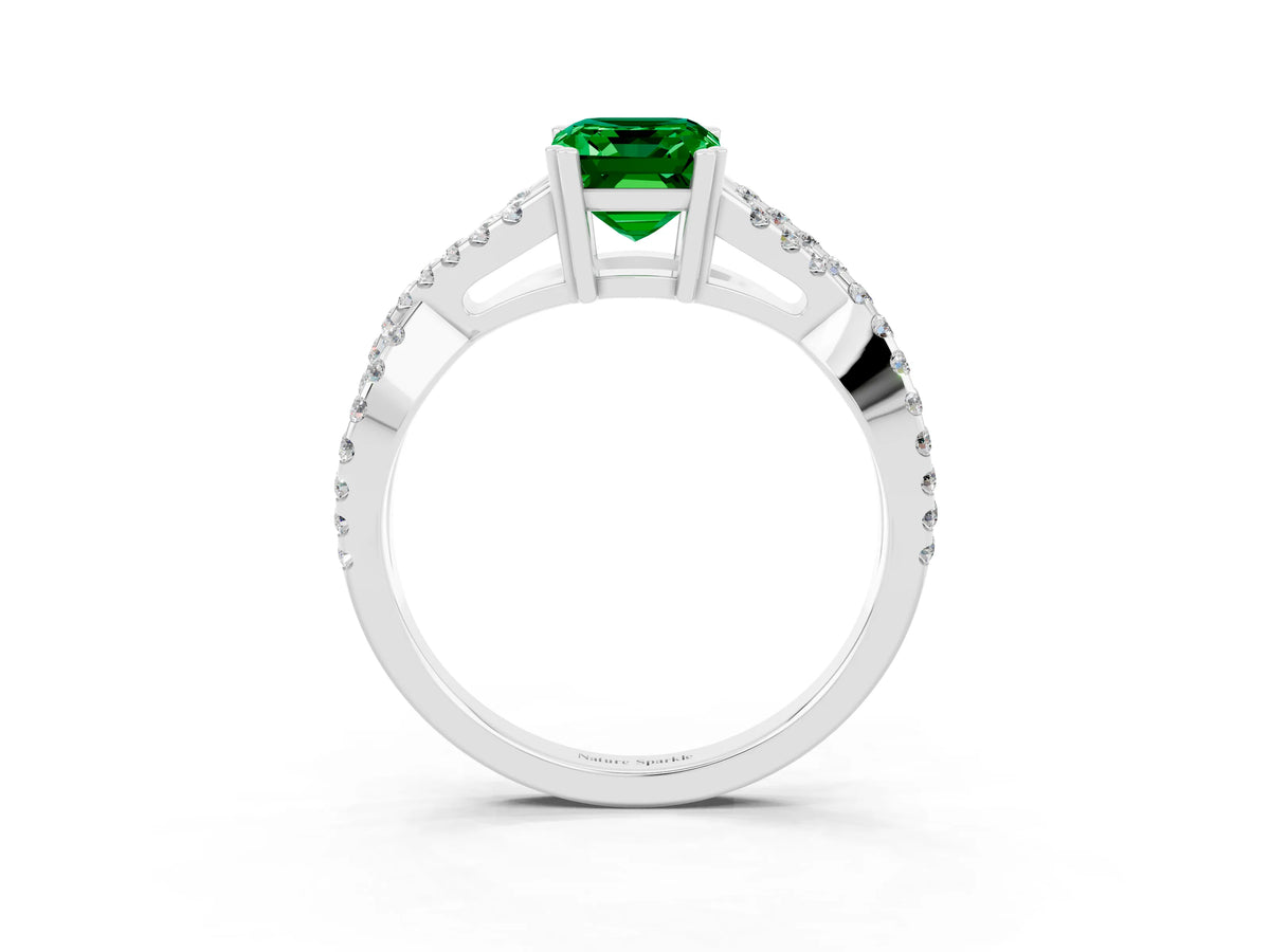 Emerald Cut Emerald Solitaire Ring in Silver with Interwoven Pavé Band and Prong Setting_9
