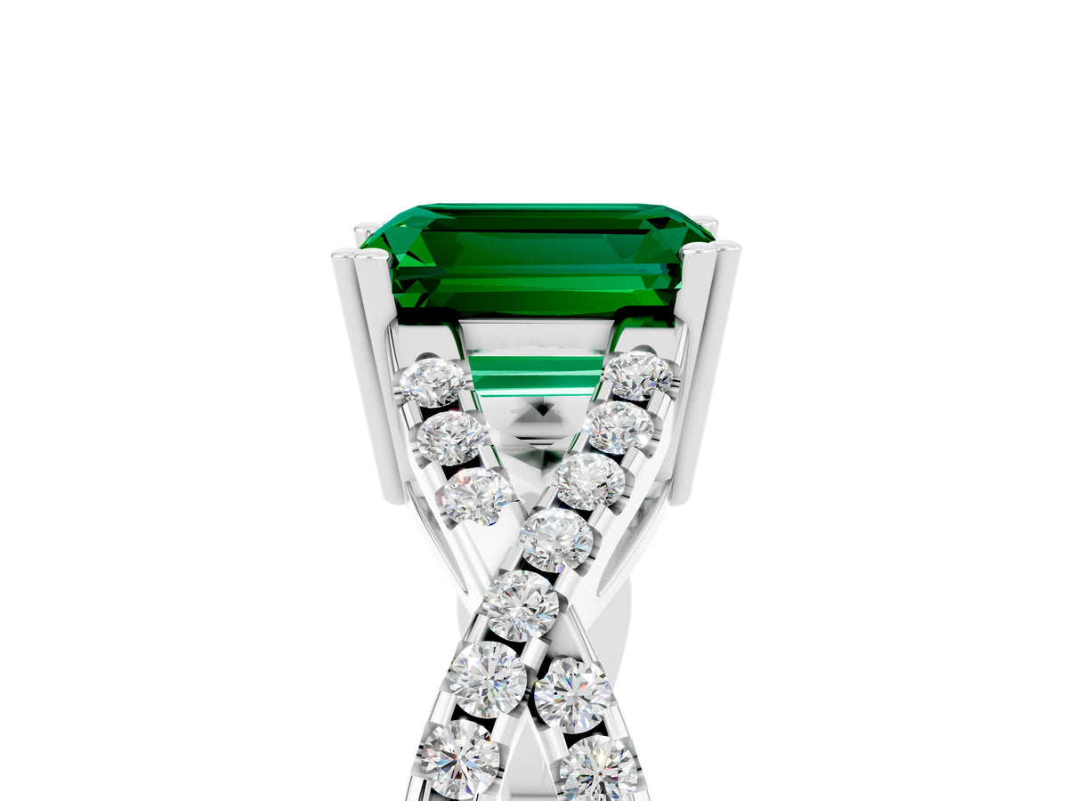 Emerald Cut Emerald Solitaire Ring in White gold with Interwoven Pavé Band and Prong Setting_5