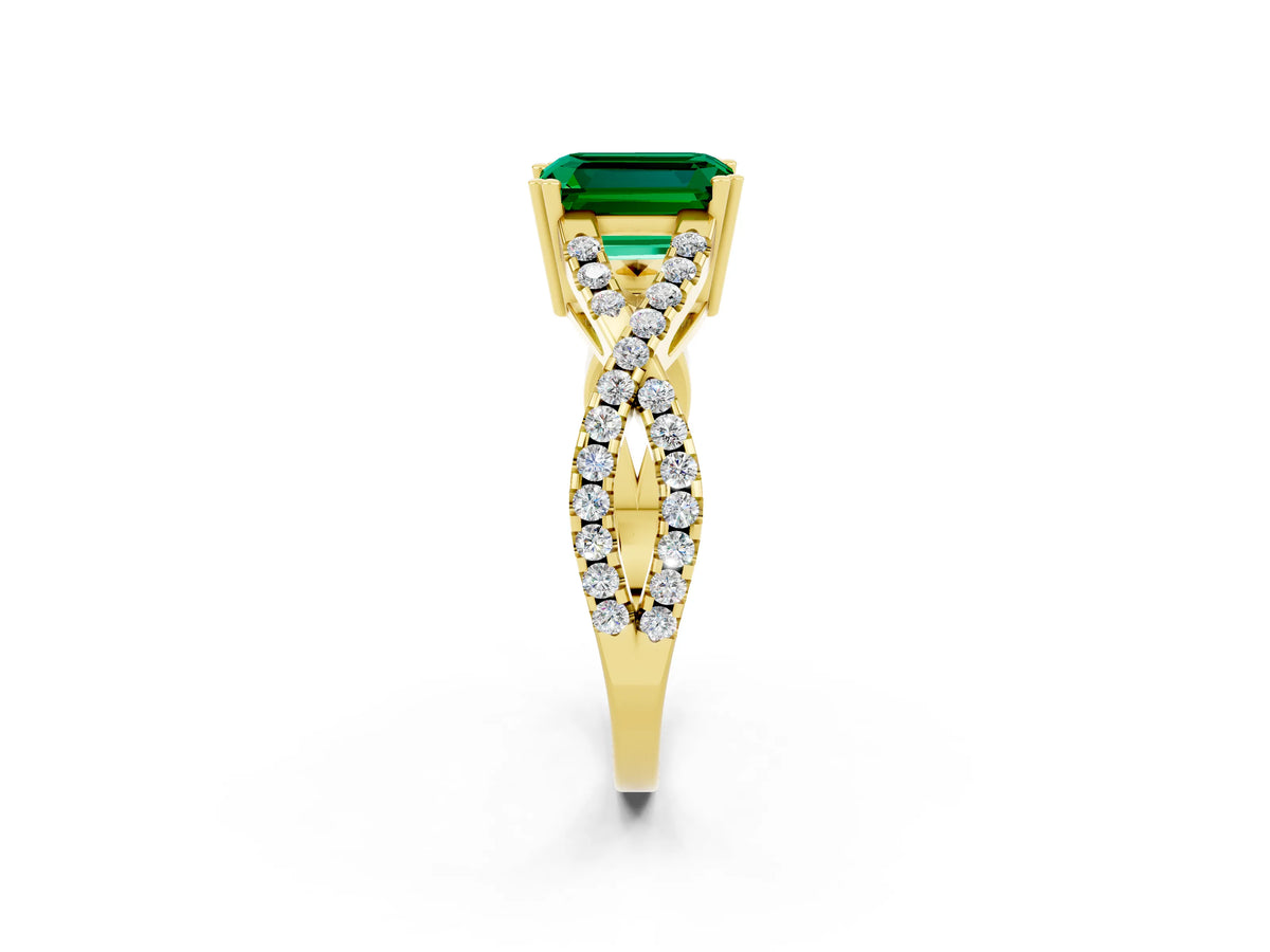 Emerald Cut Emerald Solitaire Ring in Yellow gold with Interwoven Pavé Band and Prong Setting_2