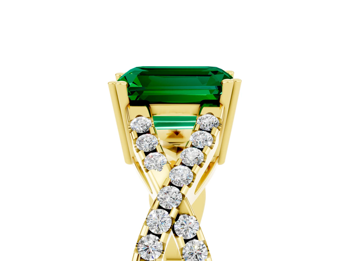 Emerald Cut Emerald Solitaire Ring in Yellow gold with Interwoven Pavé Band and Prong Setting_5
