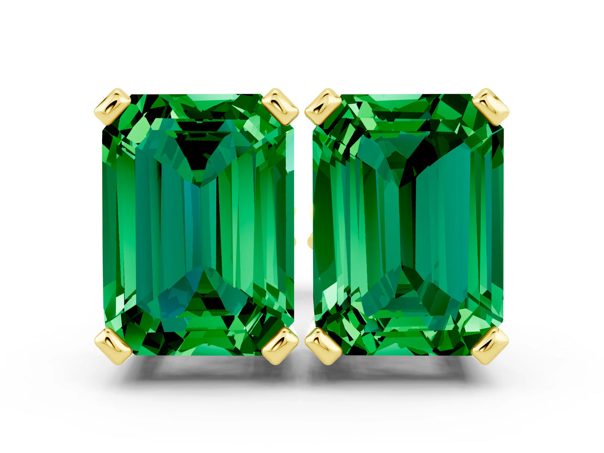 Emerald Cut Emerald Stud Earrings in Yellow gold with Basket Setting