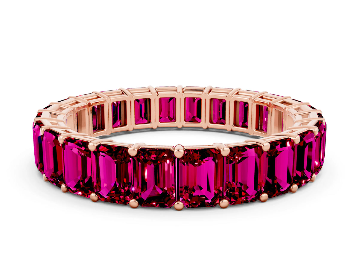 Emerald Cut Garnet Eternity Band in Rose gold with Aligned Shared Prong Setting