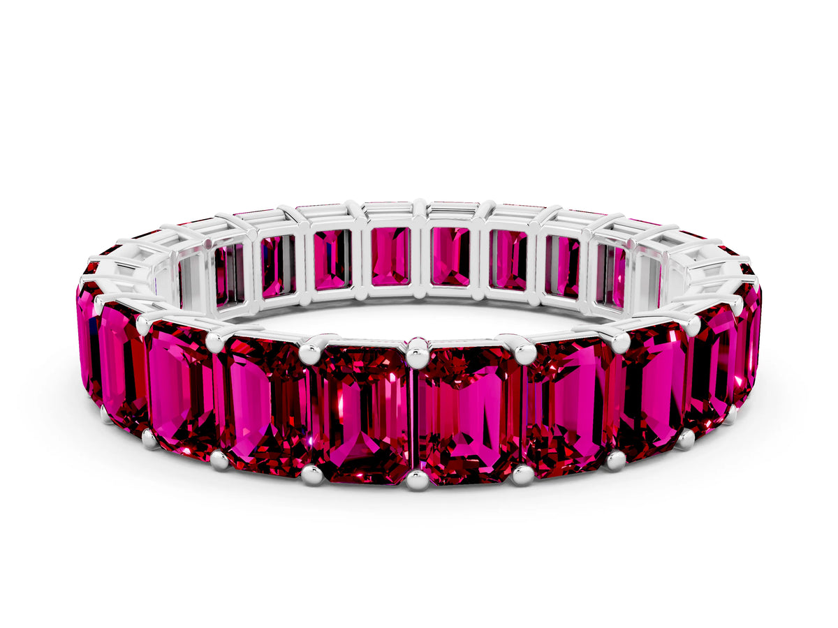 Emerald Cut Garnet Eternity Band in Silver with Aligned Shared Prong Setting