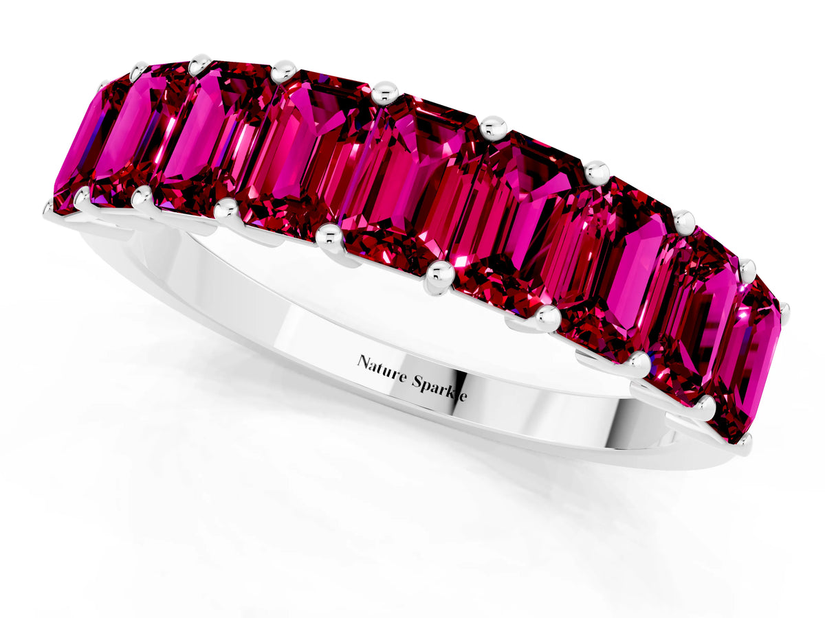 Emerald Cut Garnet Eternity Band in Silver with Prong Setting_1