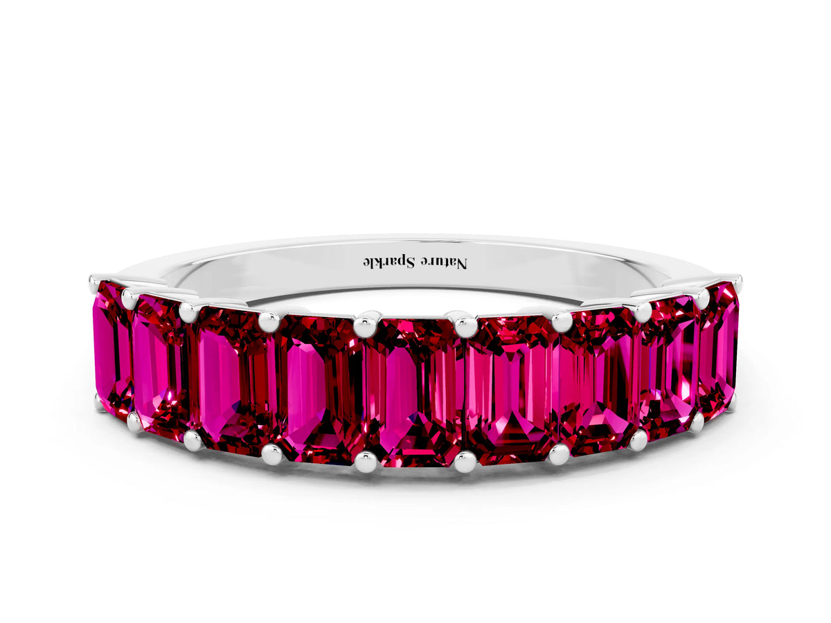 Emerald Cut Garnet Eternity Band in White gold with Prong Setting
