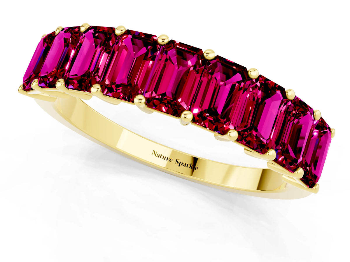 Emerald Cut Garnet Eternity Band in Yellow gold with Prong Setting_1