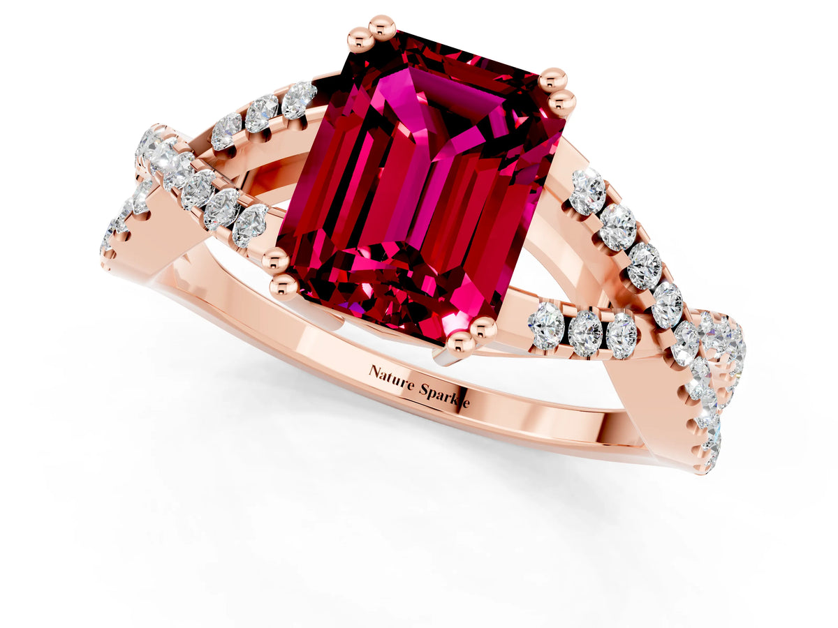 Emerald Cut Garnet Solitaire Ring in Rose gold with Interwoven Pavé Band and Prong Setting_1