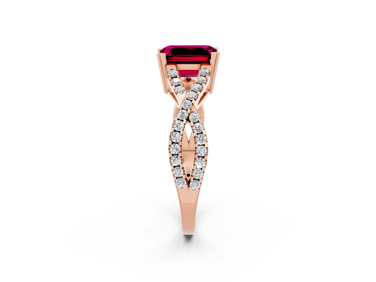 Emerald Cut Garnet Solitaire Ring in Rose gold with Interwoven Pavé Band and Prong Setting_2