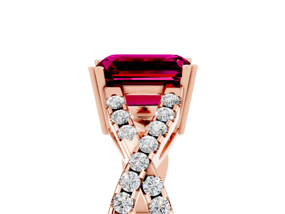 Emerald Cut Garnet Solitaire Ring in Rose gold with Interwoven Pavé Band and Prong Setting_5