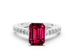 Emerald Cut Garnet Solitaire Ring in Silver with Crossover Gallery and Round Pavé Band