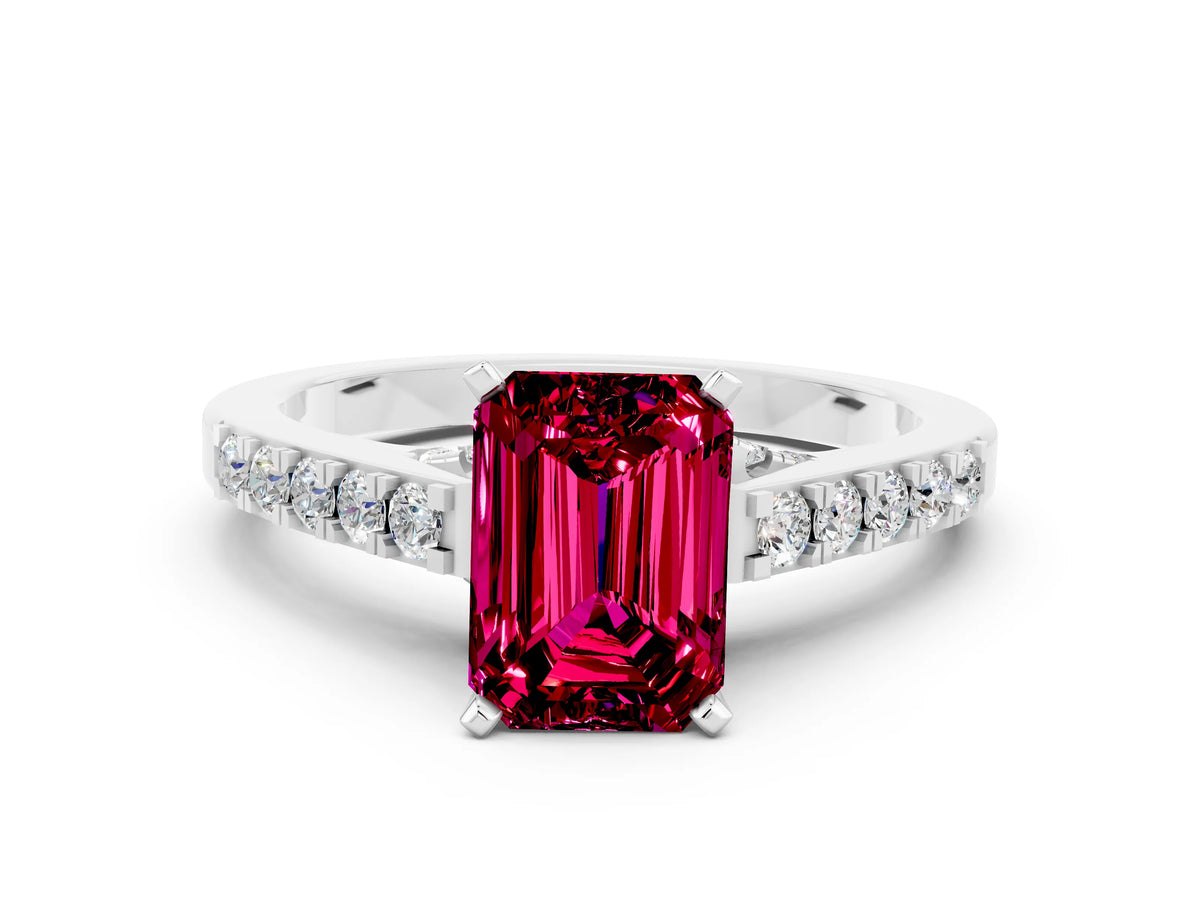 Emerald Cut Garnet Solitaire Ring in Silver with Crossover Gallery and Round Pavé Band