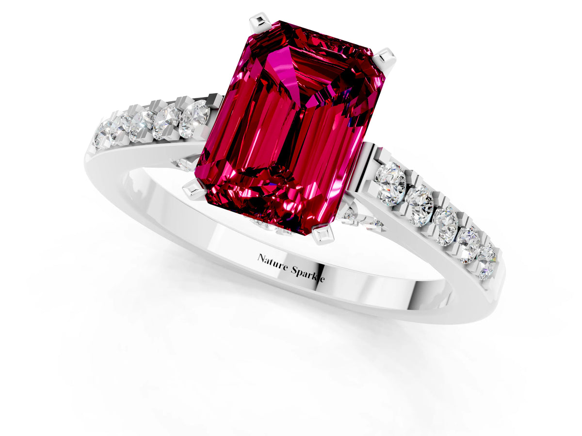 Emerald Cut Garnet Solitaire Ring in Silver with Crossover Gallery and Round Pavé Band_1