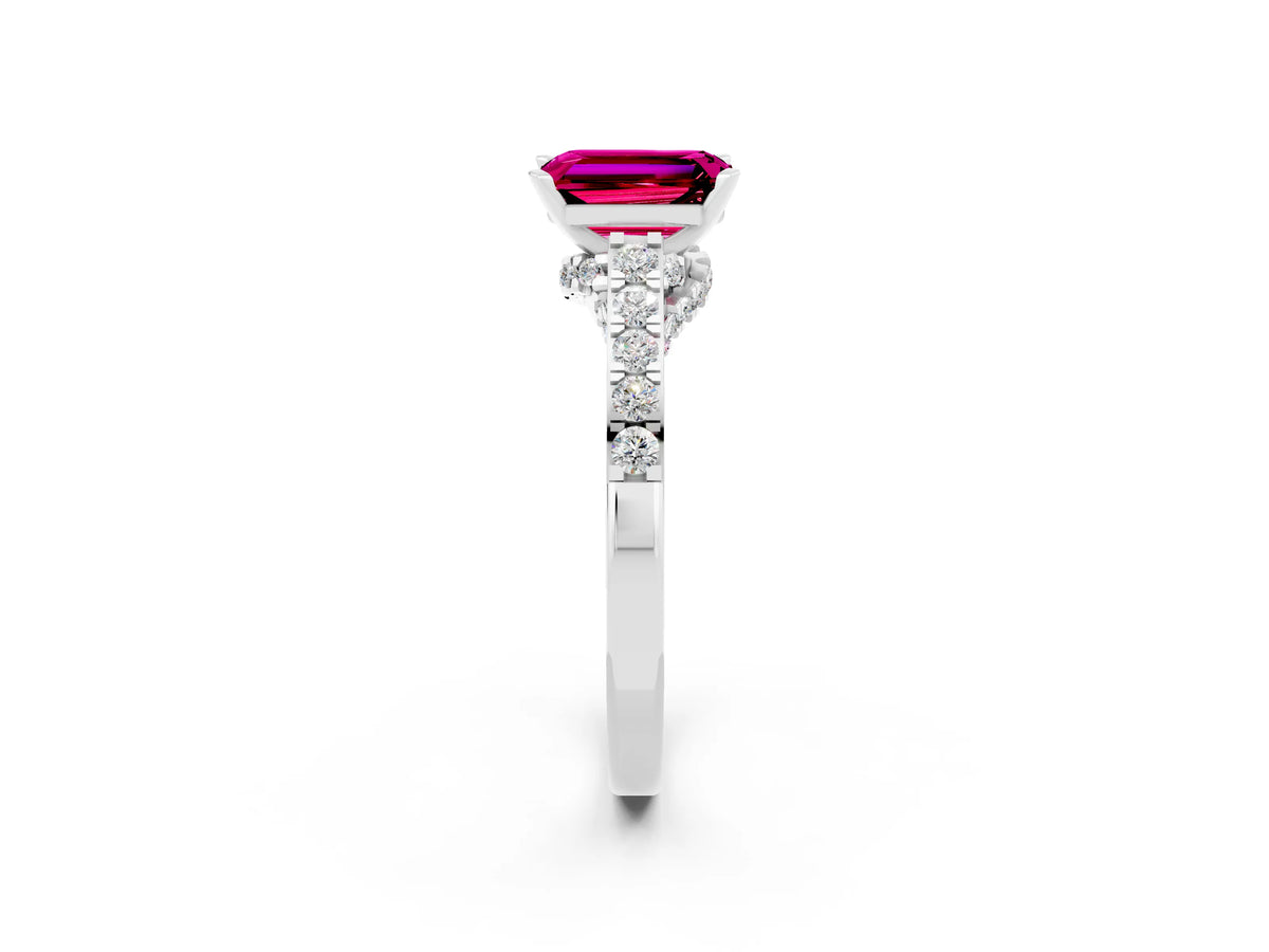 Emerald Cut Garnet Solitaire Ring in Silver with Crossover Gallery and Round Pavé Band_2