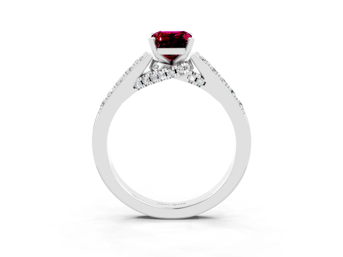 Emerald Cut Garnet Solitaire Ring in Silver with Crossover Gallery and Round Pavé Band_3