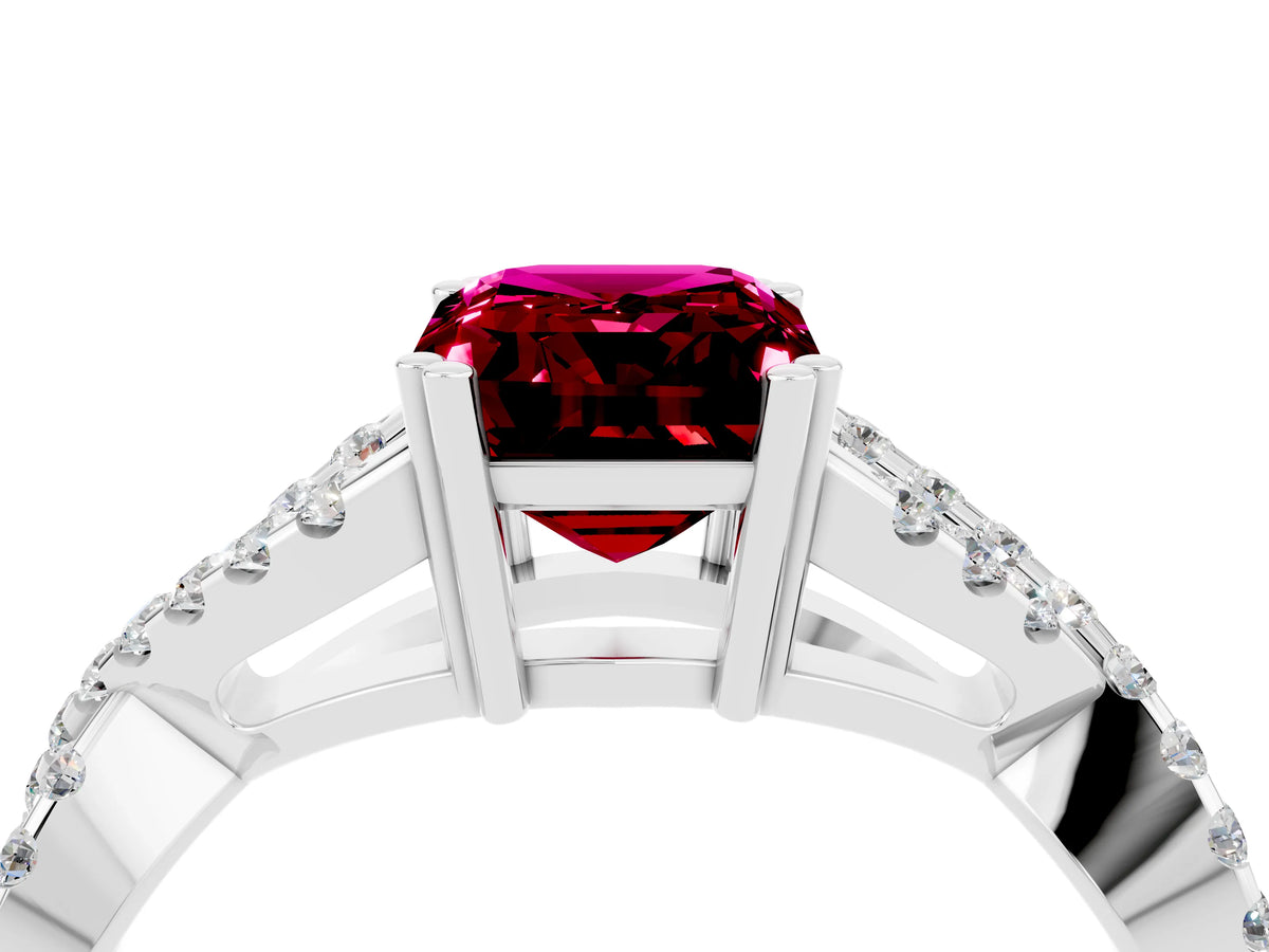 Emerald Cut Garnet Solitaire Ring in Silver with Interwoven Pavé Band and Prong Setting_10